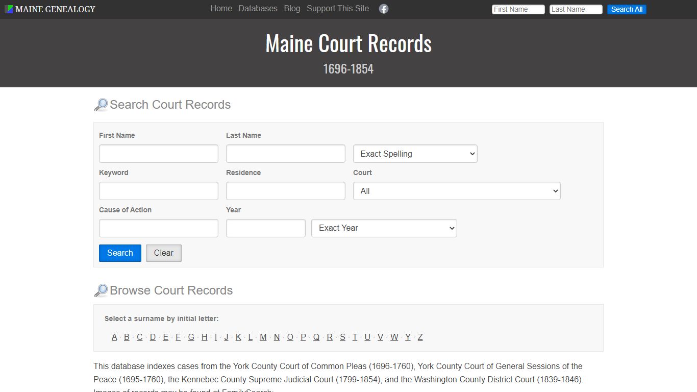 Maine Court Records, 1696-1854 | Maine Genealogy